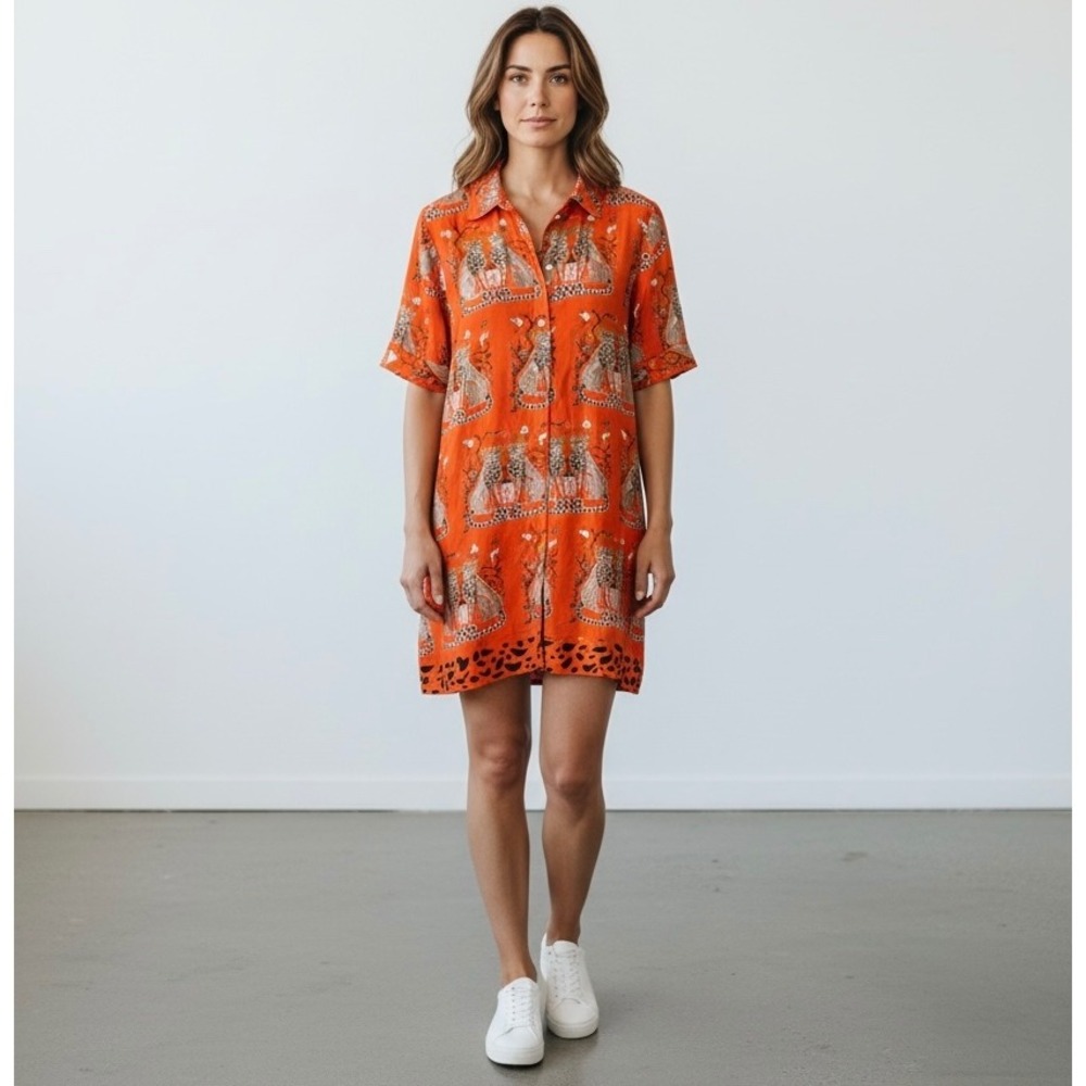 Mary Marshmallow Orange Cotton Leopard Print Short Sleeve Shirt Dress Large